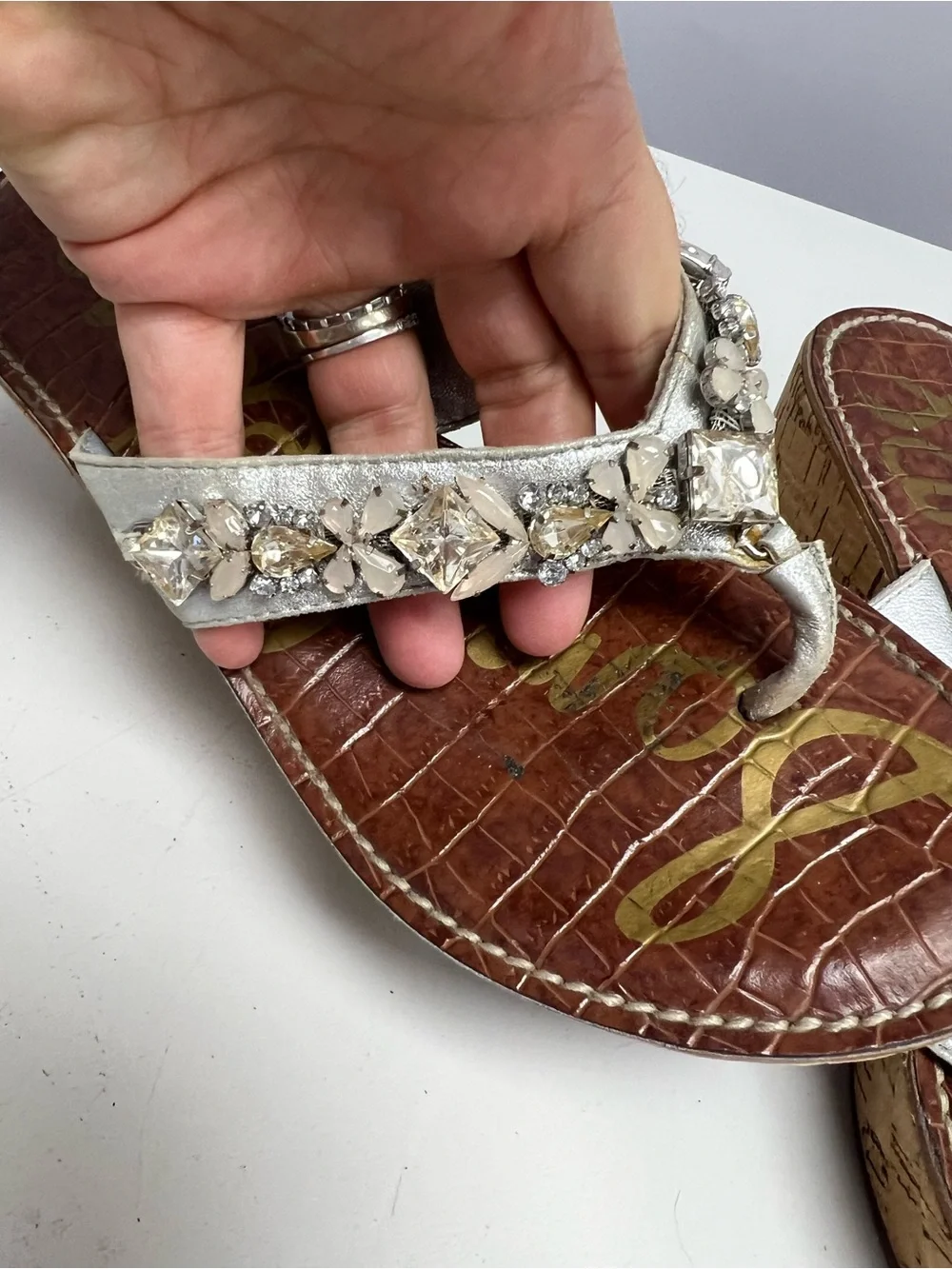 Sam Edelman Silver Jeweled Cork Wedge Thong Sandals Women’s 7.5